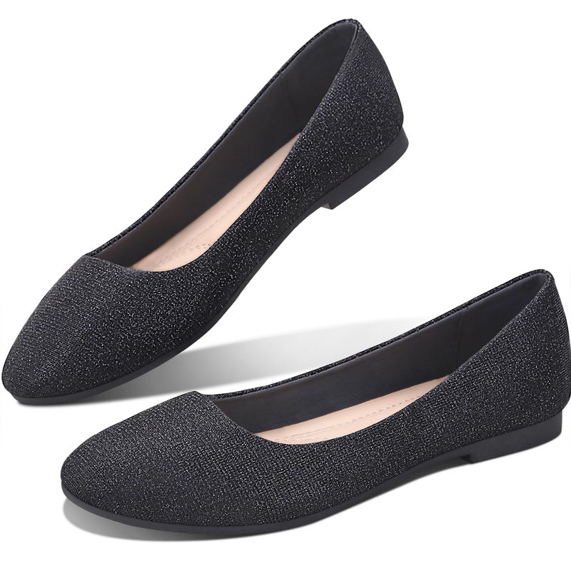 Obtaom Sparkly Ballet Flats Women Casual Shiny Flat Shoes Round Toe Dress Bling Sequin Ballet Flats (Bright Black,US8) - Image 1